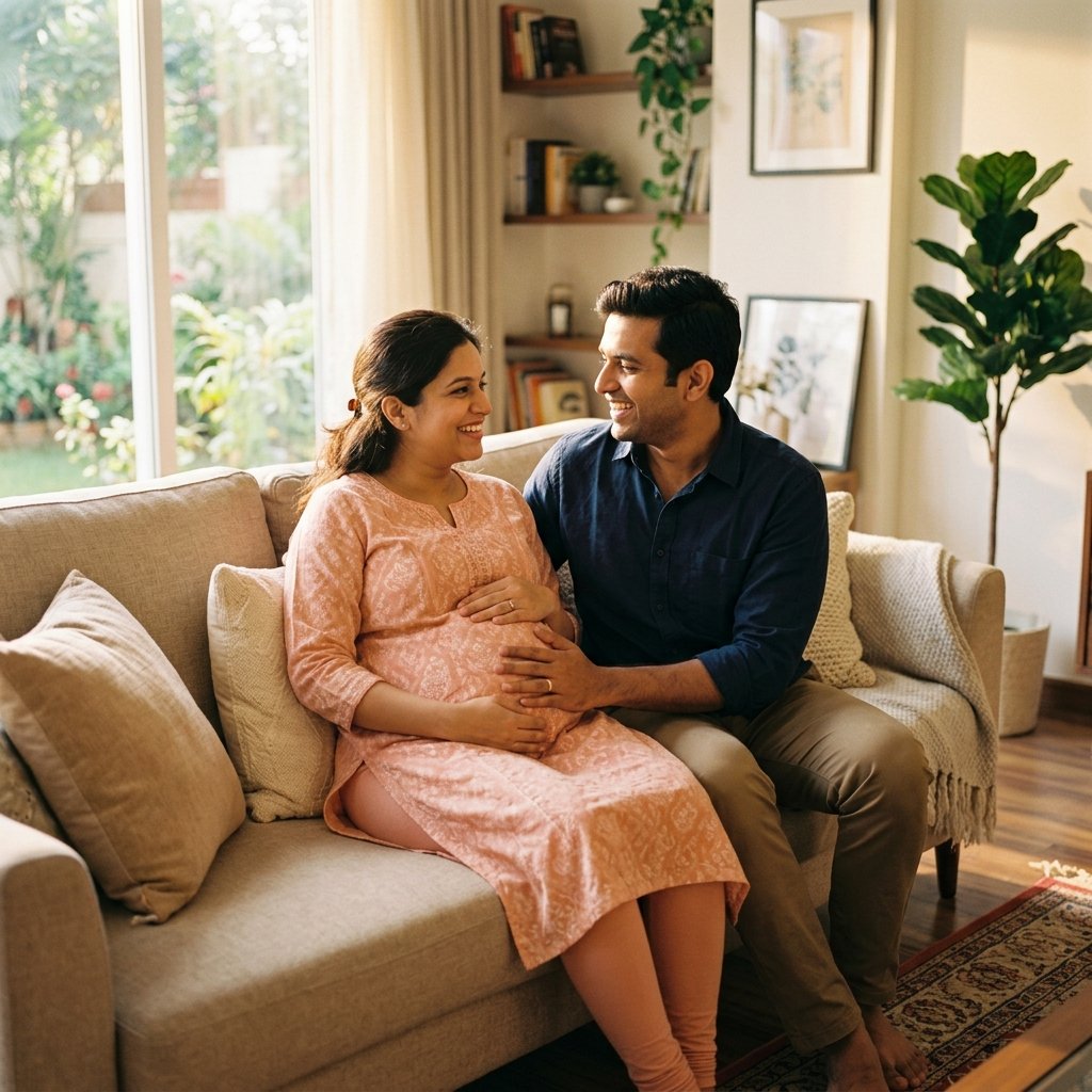 Couple bonding and holding pregnancy bump happily